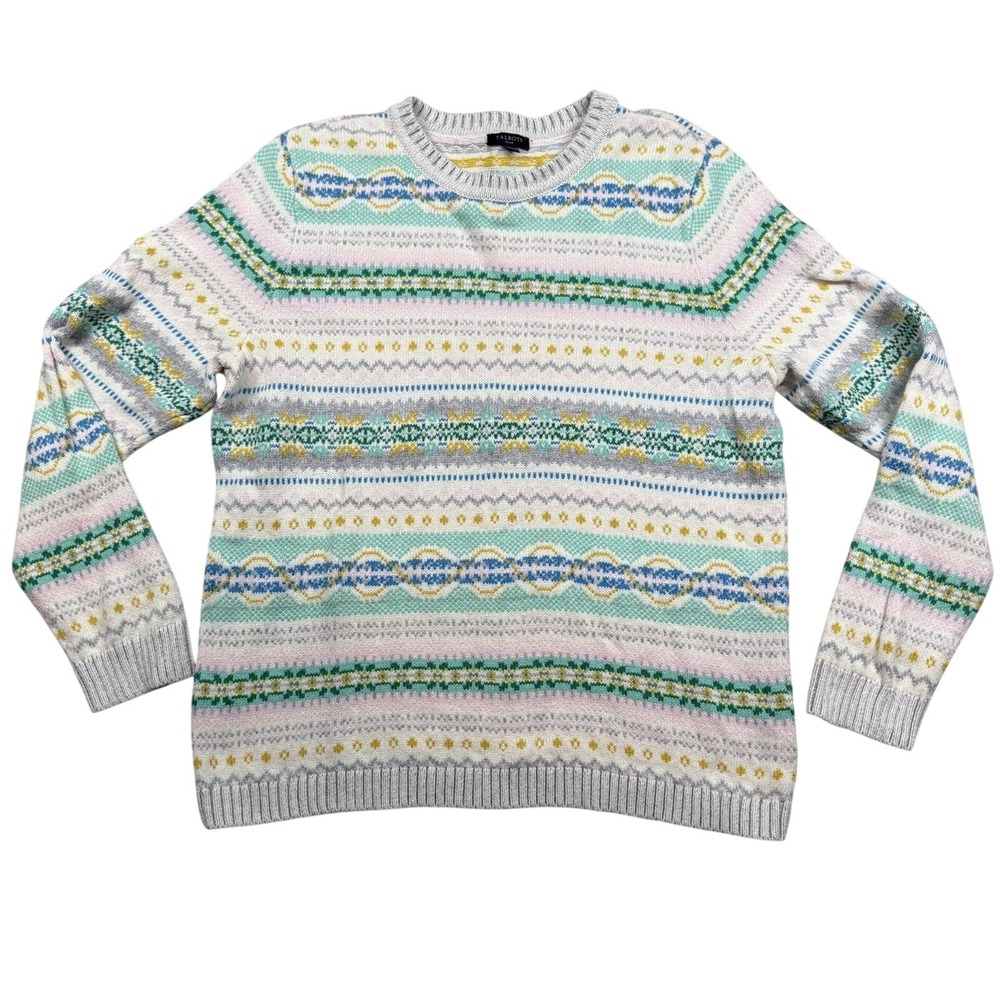 Talbots Winter Fair Isle Crewneck Sweater Women's PL White Long Sleeve Pullover